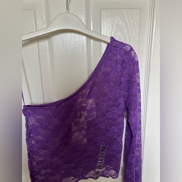 New STR Asymmetrical Fitted Purple Lace Crop Top Semi Sheer Stretchy Feminine - Picture 3 of 7